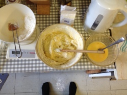 Rainbow cake preparation and mandatory floor flour!