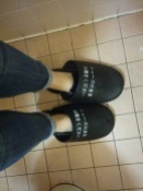 Comically large toilet slippers so you can wear your shoes inside them... The staff area at work is so bizarre.