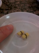 When we went for sushi, the chef made us two tiny tiny egg sushi! Two grains of rice a piece; so adorable. No idea why he made them! He just handed them over!